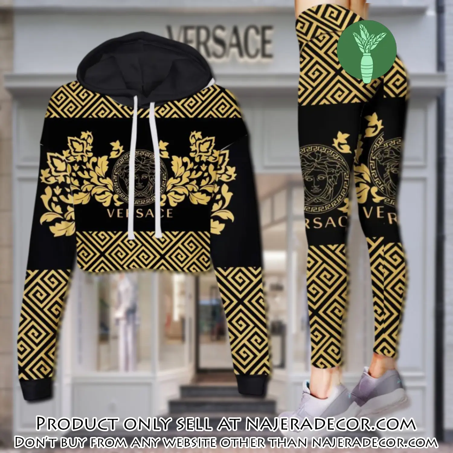 Versace medusa yellow pattern luxury brand clothes leggings and crop top set for women njr2645076